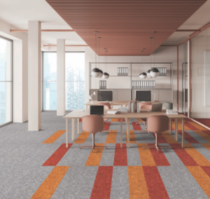 Commercial carpet tiles installed in an office