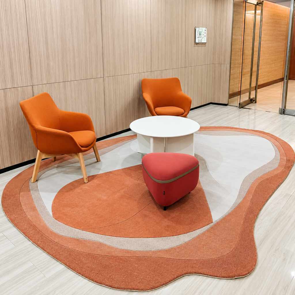 Round custom area rug in orange and grey with armchairs and an ottoman
