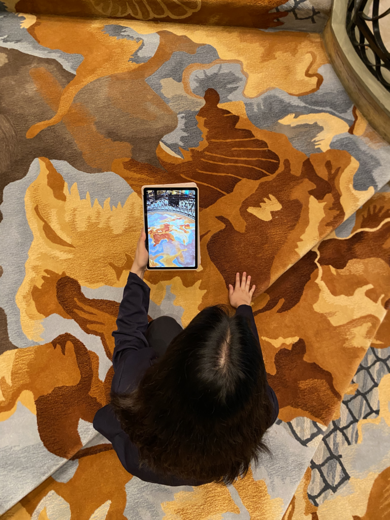 Carpet being reviewed on an orange and brown patterned rug